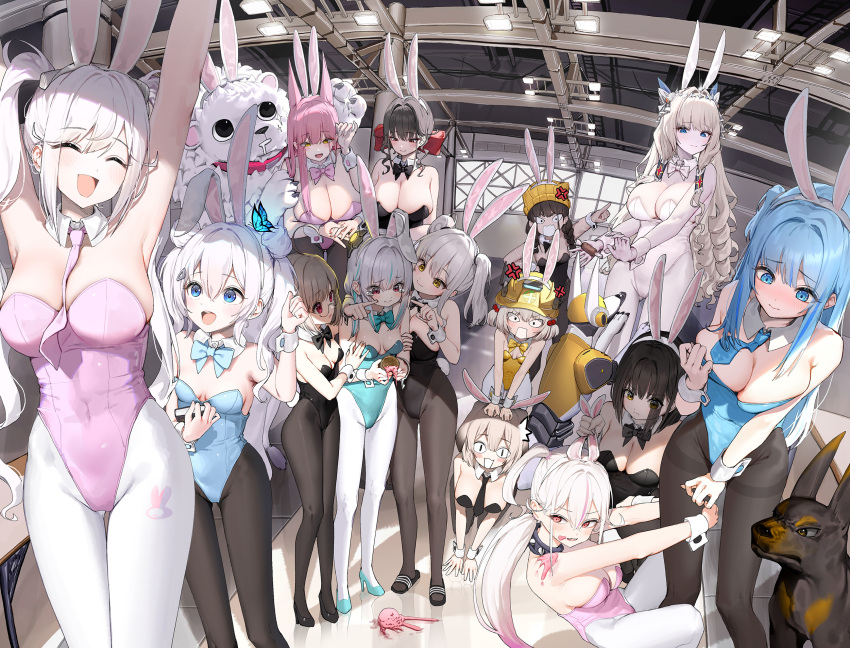 <|>_<|> 6+girls ^_^ admi_(nikke) alice_(nikke) all_fours alternate_costume animal_ears aqua_bow aqua_bowtie aqua_leotard armpits arms_up bare_shoulders belorta_(nikke) big_breasts biscuit_(nikke) black_bow black_bowtie black_leotard black_necktie black_pantyhose blue_bow blue_bowtie blue_eyes blue_leotard bow bowtie breasts chime_(nikke) cleavage closed_eyes closed_mouth creator_connection crown_(nikke) dduck_kong detached_collar dog extra_ears fake_animal_ears food goddess_of_victory:_nikke grey_hair hair_ornament hard_hat helmet high_heels high_res highleg highleg_leotard holding holding_ice_cream_cone ice_cream ice_cream_cone ice_cream_cone_spill indoors jackal_(nikke) leona_(nikke) leotard lion liter_(nikke) looking_at_another looking_down milk_(nikke) multiple_girls multiple_views n102_(nikke) neck_tie non-humanoid_robot open_mouth pantyhose pink_bow pink_bowtie pink_hair pink_leotard pink_necktie rabbit_ears red_eyes robot robot_animal robot_dog sakura_(nikke) shifty_(nikke) signal_(nikke) slippers smile standing timi_(nikke) twin_tails volt_(nikke) white_bow white_hair white_leotard white_pantyhose white_wrist_cuffs wrist_cuffs yellow_bow yellow_bowtie yellow_leotard